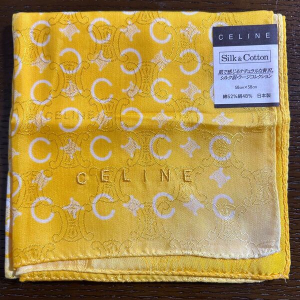 未使用 CELINE セリーヌ 大判ハンカチ シルク 綿 58cm イエロー