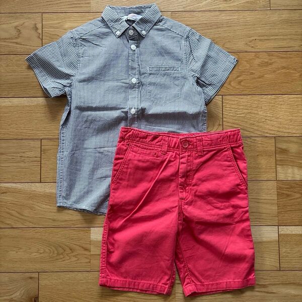 H&M エイチアンドエム ギンガムチェック ボタンダウンシャツ 半袖シャツ ハーフパンツ ショートパンツ 115 5-6Y