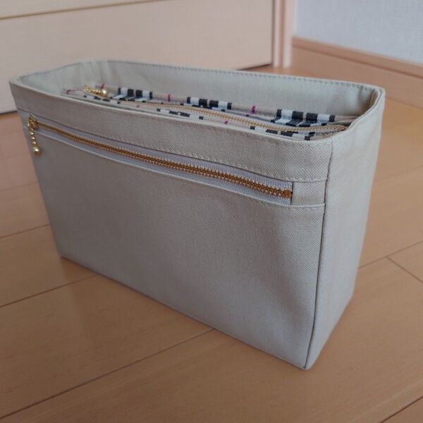 ハンドメイド 帆布とタータンチェックのバッグインバッグ