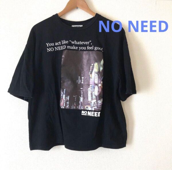 NO NEED 黒Tシャツハーフスリーブフォト&メッセージプリントオーバーサイズ