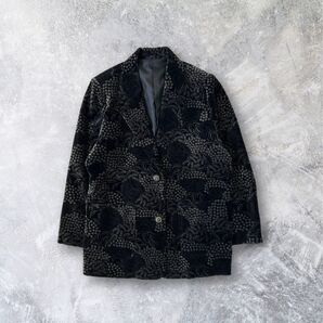 【希少】テーラードジャケット 黒 花柄 モノトーン vintage ベルベット ジャケット 総柄