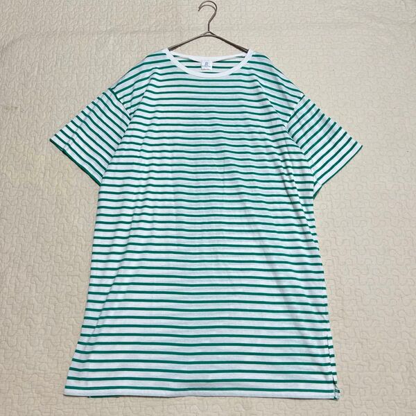 KURIHARA HARUMI グリーン×ホワイト ボーダーTシャツ オーバーサイズ カットソー 半袖 トップス クルーネック F