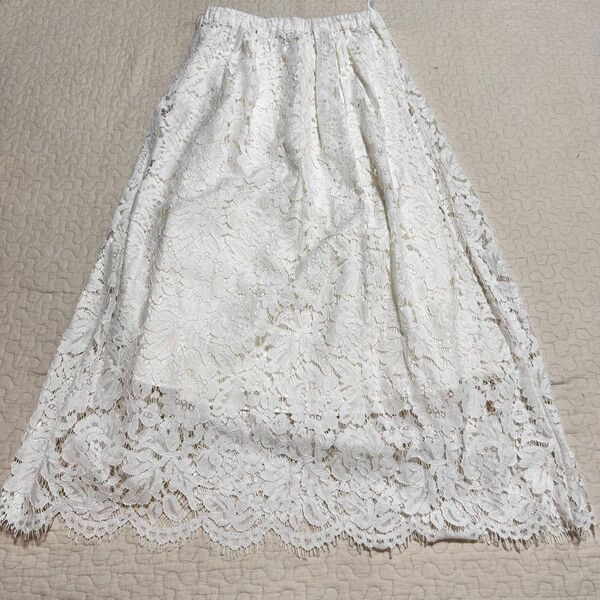 le.coeur blanc ルクールブラン オフホワイト 総レーススカート ウエストゴム サイズ38 M a1976