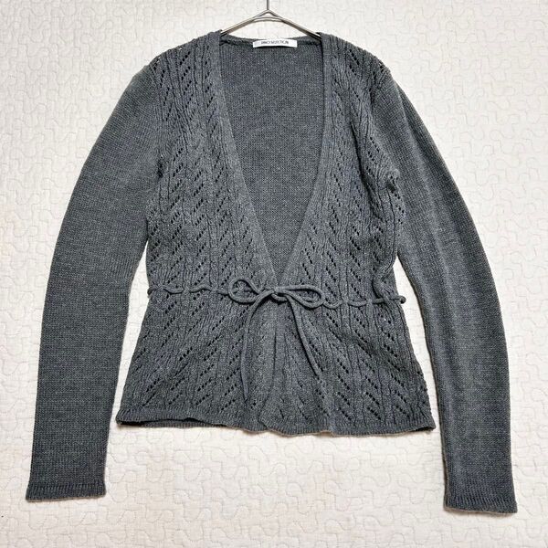 ピノセレクション ウールカーディガン ニット グレー リボン 長袖 サイズ38 M 羽織 上着 a1995