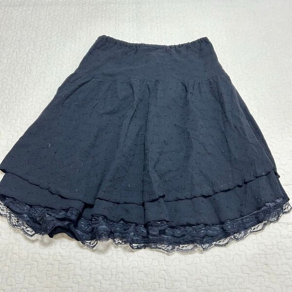 navy natural 黒 レース付きフレアスカート ウエストゴム 紐付き 総柄 ひざ丈 a2038
