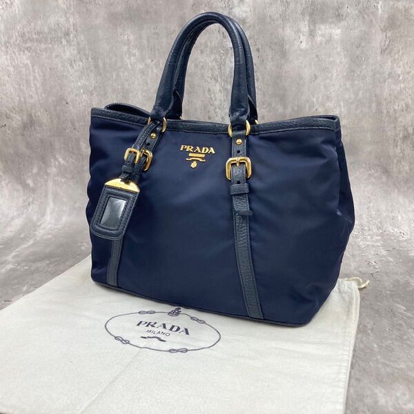 【美品】 プラダ PRADA トートバッグ 2way ハンドバッグ テスート ロゴ金具 ナイロン ゴールド金具 ネームプレート