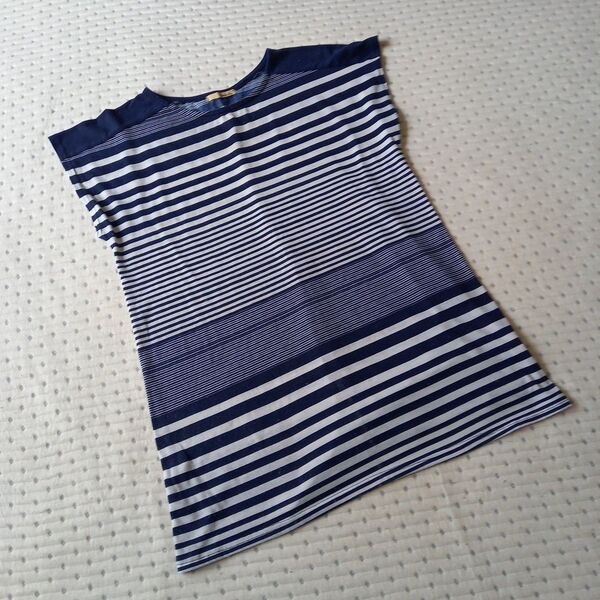 Loiseau Blue ロワゾブルー ボーダー柄 フレンチスリーブ Tシャツ レディース Lサイズ