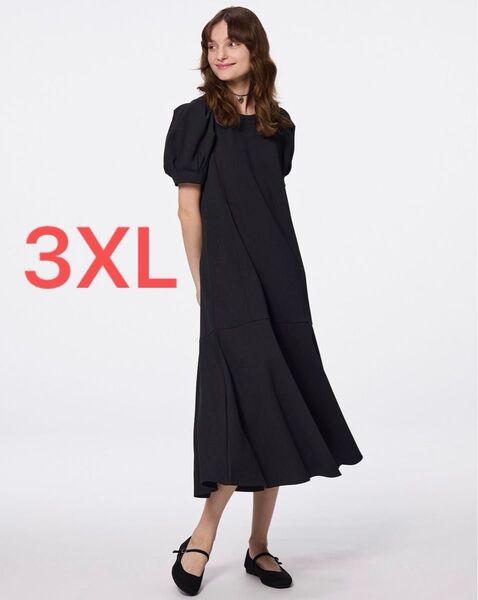 新品タグ付 3XL ボリュームスリーブワンピース 五分袖 GU ジーユー パフスリーブ ブラック