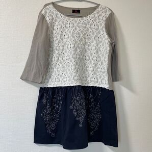 レイヤード風 レース 柄 トップス 七分T シャツ