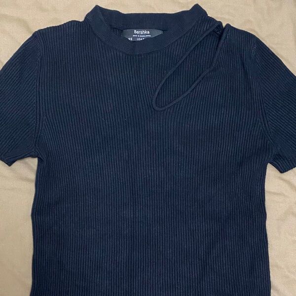 サマーニット トップス カットソー シャツ レディース 半袖 tシャツ ニット 黒 ブラック リブ セクシー 色気