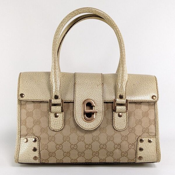 グッチ ハンドバッグ G金具 GG柄 ターンロック スタッズ 自立 フラップ GUCCI GGキャンバス