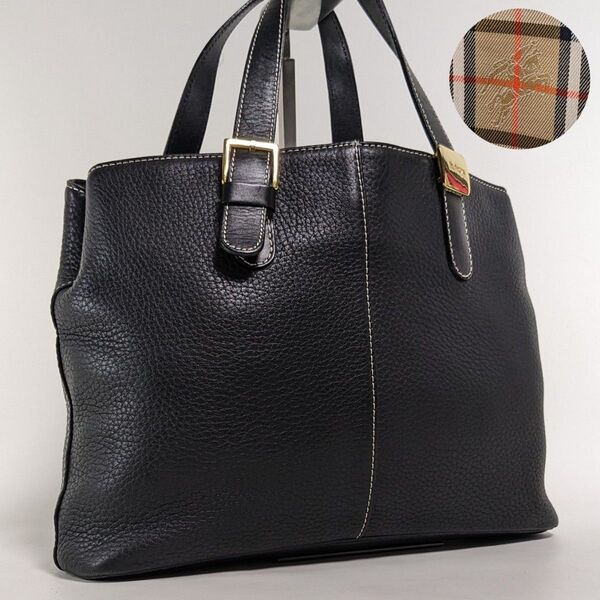 極美品 バーバリー ハンドバッグ ノバチェック シボレザー ゴールド金具 シボ革 トートバッグ ブラック レザー 本革
