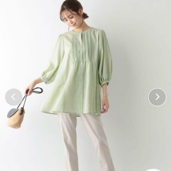 新品☆フレンチリネンブレンド七分袖シャツ ライトグリーン Mサイズ