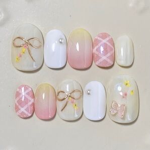 【現品】ネイルチップ グラデーション 押し花 りぼん ショートオーバル