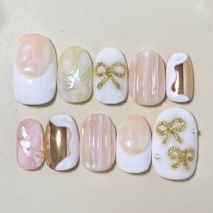 【現品】ネイルチップ りぼん ニュアンス ショートオーバル