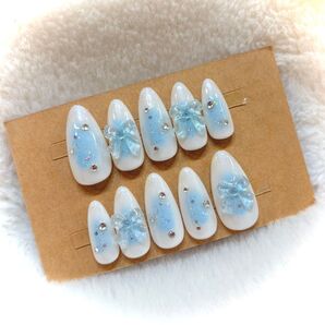 現品!ちゅるんクリアブルーりぼん 韓国 水色 チークネイルチップ