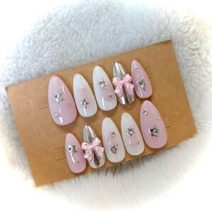 現品!ホワイト/ミルクピンク/シルバー 星 ピンクリボン チークネイルチップ