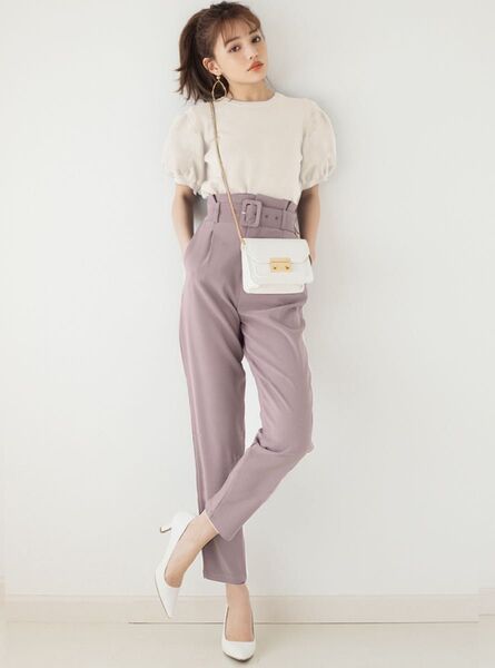 バックルベルト付ハイウエストテーパードパンツ Lサイズ グレイル GRL
