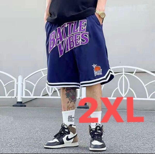 メンズ ハーフパンツ ショートパンツ 半ズボン スポーツ ロゴ メッシュ バスパン バスケ 部活 ネイビー 紺 韓国 2XL 速乾