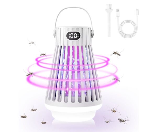 電撃殺虫器LED誘虫灯 LEDランプ照明灯付き 大容量3000mAh USB給電式残量表示付き IPX5防水