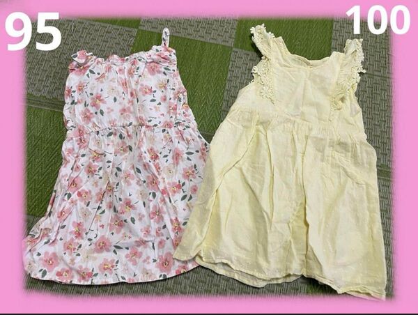 美品 花柄 黄色 ノースリーブワンピース 95 100