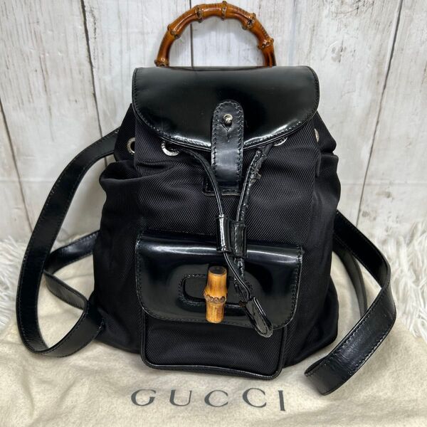 GUCCI バンブー リュック ナイロン エナメル ロゴ リュックサック