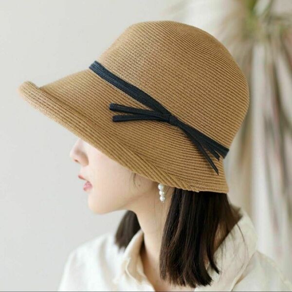 帽子レディース 麦わら帽子 夏 ハット 紫 外線 小顔 つば広 日焼け防止 ストローハット ブラウン ベージュ リボン 新品未使用