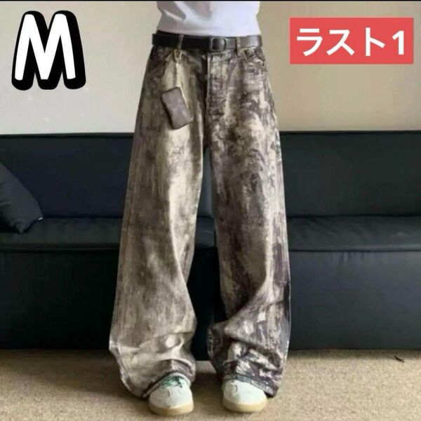 Mサイズ リアルツリー柄 カモ柄デニム 迷彩 プリントデニム ワイドパンツ y2k 韓国 デニムパンツ メンズ ストリートブラック