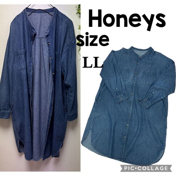 Honeys デニムシャツワンピース スタンドカラー ノーカラー 長袖シャツ