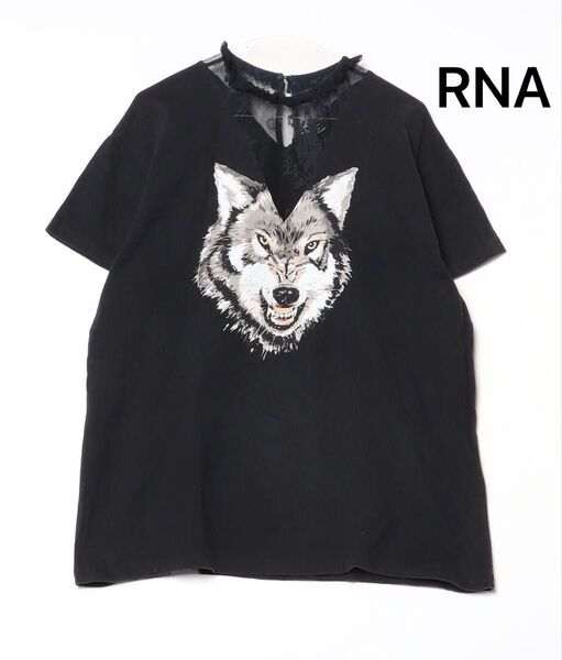 1007 RNA Vネック レース アニマル カットソー 黒 ブラック ブラック Tシャツ 半袖Tシャツ 黒 バンド 半袖 L