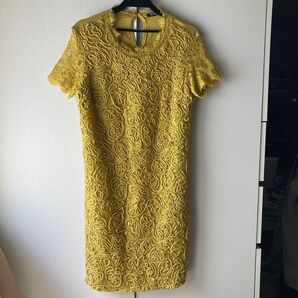 半袖 ワンピース 黄金色カーキ 刺繍レース