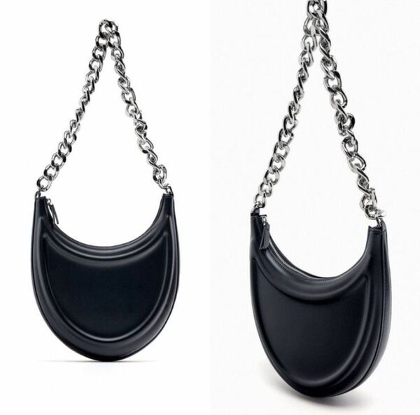 ZARA★ハーフムーンショルダーバッグ★シルバーチェーン★レザー調 ブラックザラ 送料無料 匿名配送