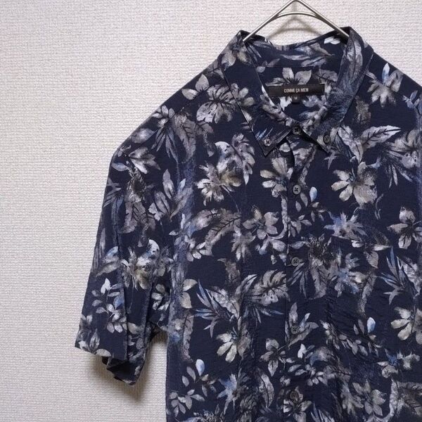 【 コムサメン 麻 ボタニカル柄シャツ Mサイズ 日本製 】 レーヨン 半袖シャツ アロハシャツ トップス アウター 夏物 シャツ