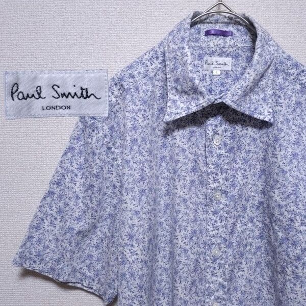 【 PaulSmith ポール・スミス 総柄花柄シャツ ブルー×ホワイト Lサイズ 日本製 】半袖シャツ シャツ 半袖 トップス