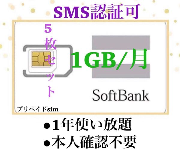 (5枚)SoftBank プリペイドSIM データ通信 1GB/受信可能 sms認証