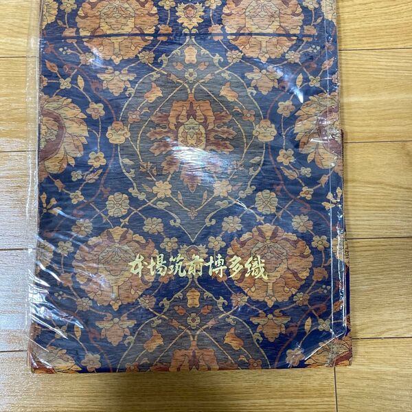 本場筑前博多織 紺色とオレンジの花柄 着物 名古屋帯