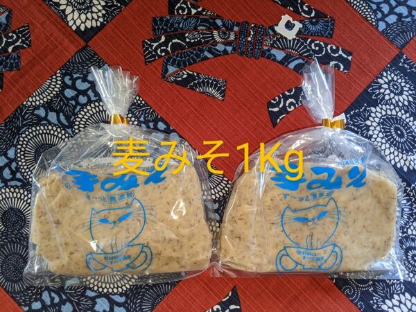 有川の手みそ1Kg(500g×2個麦味噌)無添加 国産 九州 鹿児島 ねこ