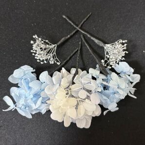ヘアアクセサリー 結婚式 和装 袴 浴衣 前撮り プリザーブドフラワー あじさい カスミソウ 青 銀 シルバー ブルー 白