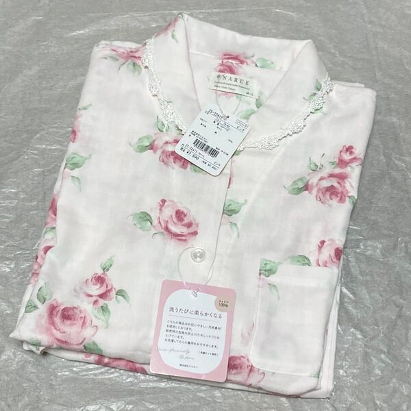 新品☆ナルエー かわいい長袖パジャマ Wガーゼ M〜L☆バラ ローズ ピンク