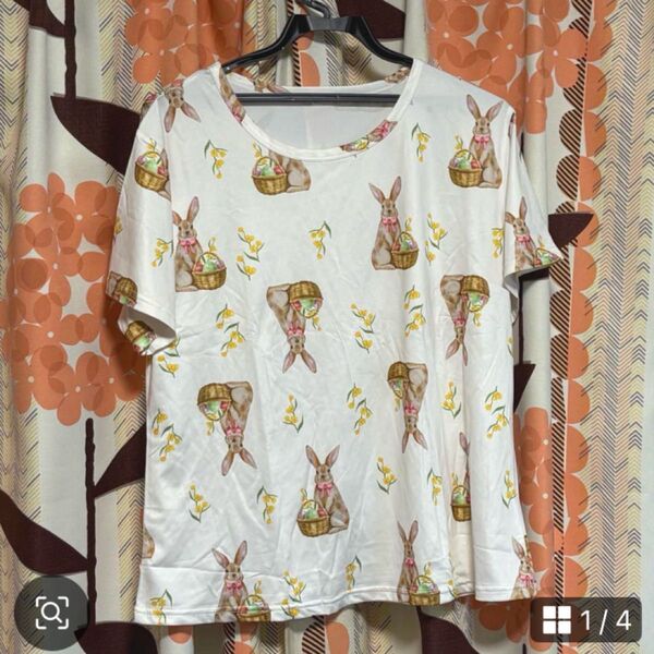 レディース ルームウェア パジャマ上 Tシャツ 半袖tシャツ L 春 夏 白 半袖 Tシャツ 総柄 うさぎ柄 うさぎ