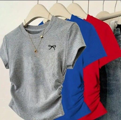新品未使用半袖Tシャツ 3枚セット リボンプリント グレー ブルー レッド