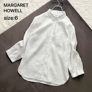 【リネン100%】MARGARET HOWELL マーガレットハウエル ボタンダウン長袖ブラウス 薄水色 イギリス製 6