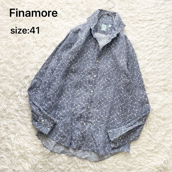 【リネン100% 大きいサイズ41】Finamore フィナモレ 長袖シャツ ホリゾンタルカラー 花柄 ネイビー系