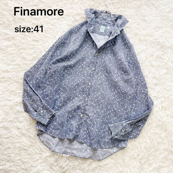 【リネン100% 大きいサイズ41】Finamore フィナモレ 長袖シャツ ホリゾンタルカラー 花柄 ネイビー系