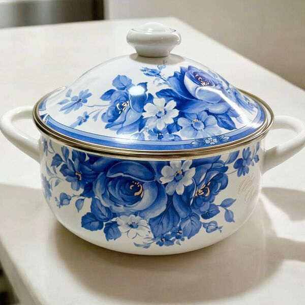 【新品未使用】エジリー EJIRY ホーロー鍋 両手鍋 薔薇柄 花柄