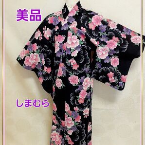 美品 浴衣 花柄 黒×ピンク★夏祭り 花火 ゆかた レディース しまむら