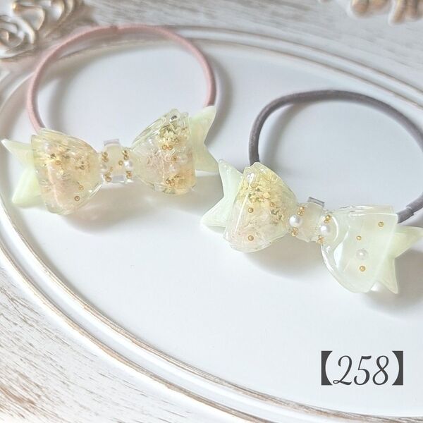 【258】ハンドメイド レジン ヘアゴム 2個セット ドライフラワー リボン