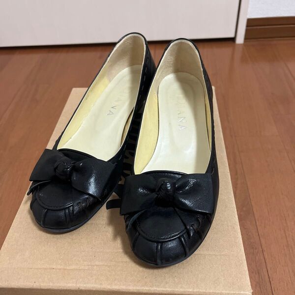 DIANA ダイアナ フラットシューズ リボン 黒 23cm レザー