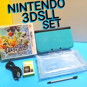 動作良好 3DSLL ターコイズ×ブラック 本体 + SDカード32G + クリアカバー + USB充電ケーブル + ゲームソフト