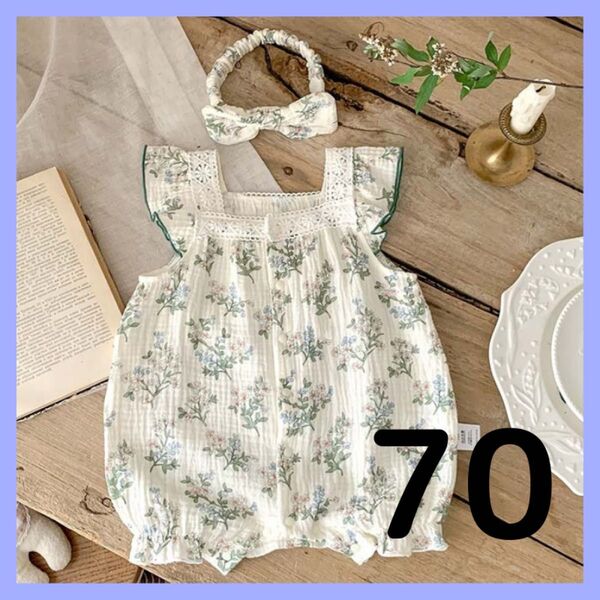 73 花柄ロンパース ヘアバンド付き ベビー服 夏服 かわいい 女の子 70 春 夏 秋 ベビー キャミソール